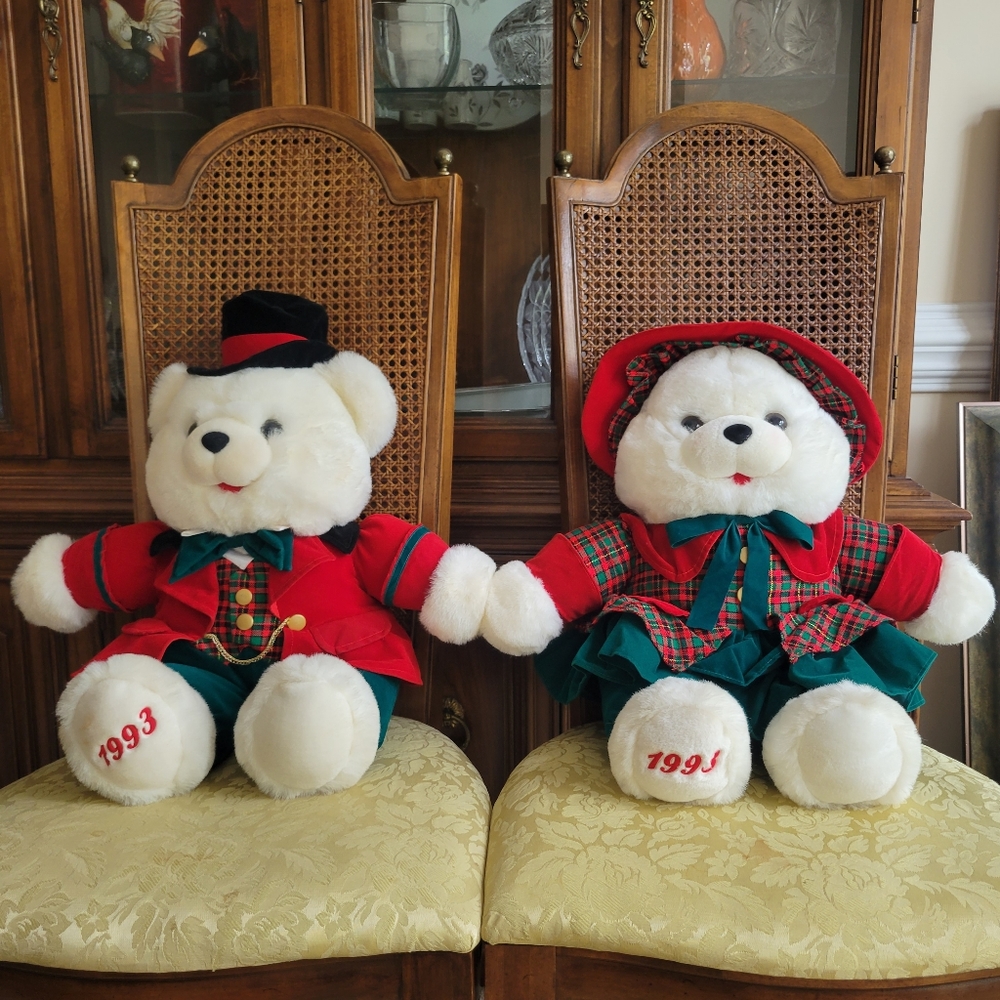 Vintage 1993 Kmart Christmas White Teddy Bear Plush Plaid Dress 2PC Set